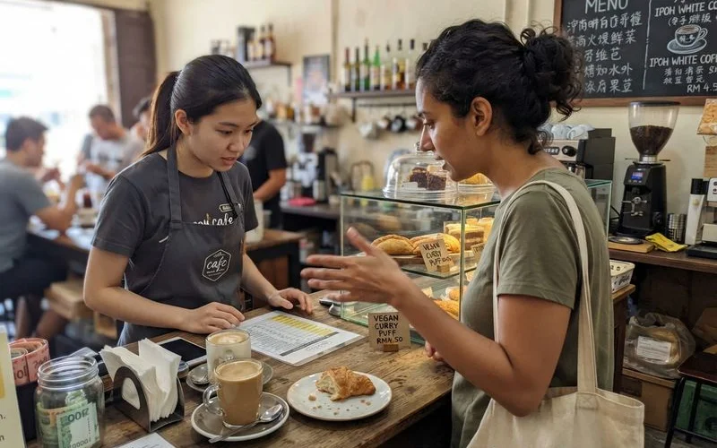 A customer speaking with a cafe staff member at the counter in Ipoh, gesturing toward a menu, both looking engaged