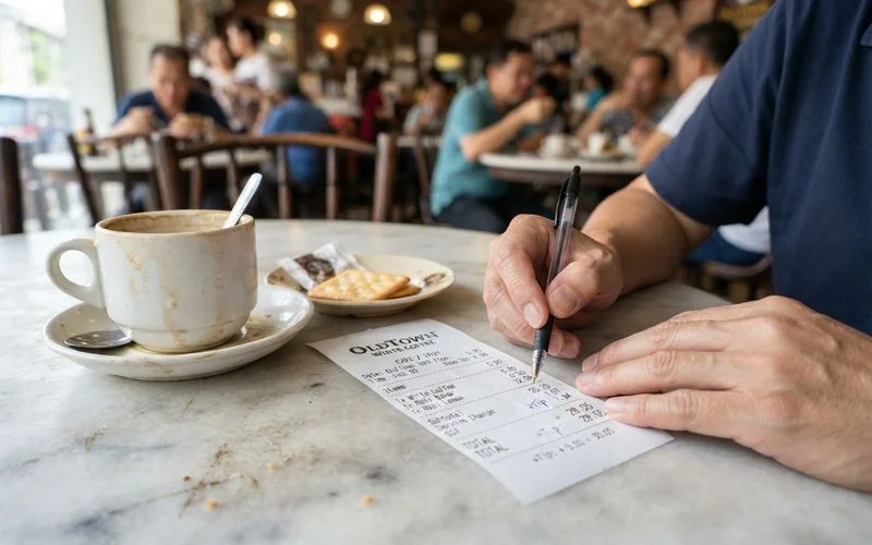 A cafe receipt on a table in Ipoh next to a coffee cup, showing itemized charges