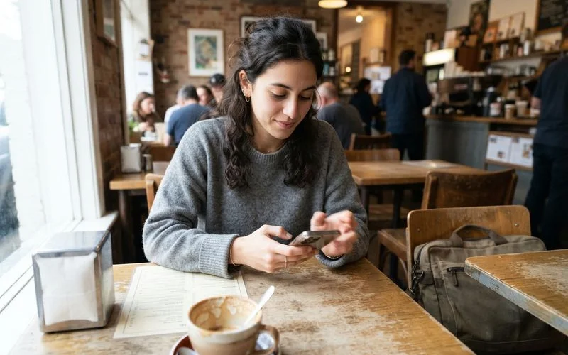 Close-up of someone checking a cafe ranking and review summary on a laptop screen next to a cup of coffee
