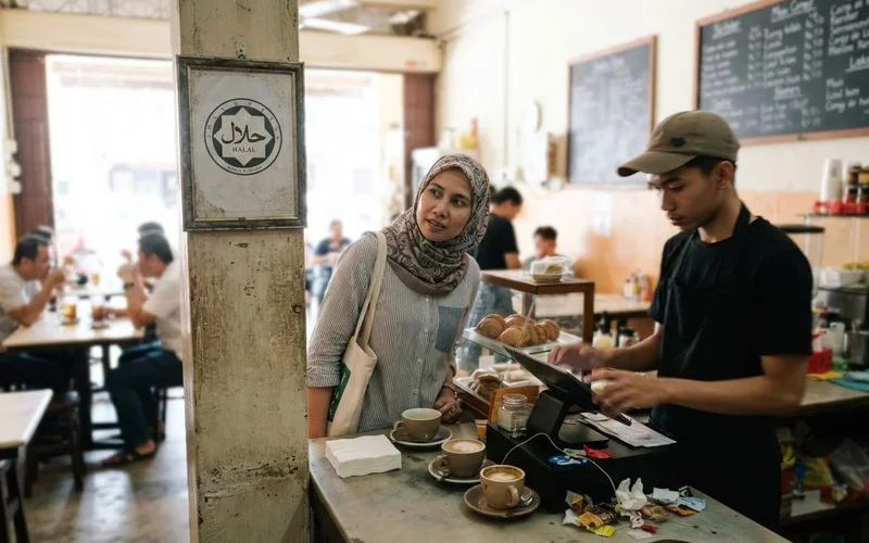 A halal certification logo displayed near the entrance counter of a cafe in Ipoh, alongside a menu board