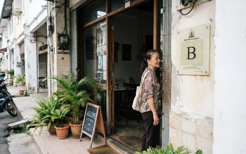 A small hygiene grading placard displayed near the entrance of a cafe in Ipoh, showing a letter grade