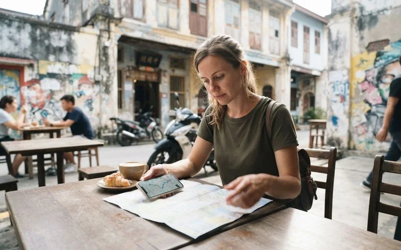 A relaxed cafe interior in Ipoh with a couple sharing coffee and pastries at a wooden table near a window