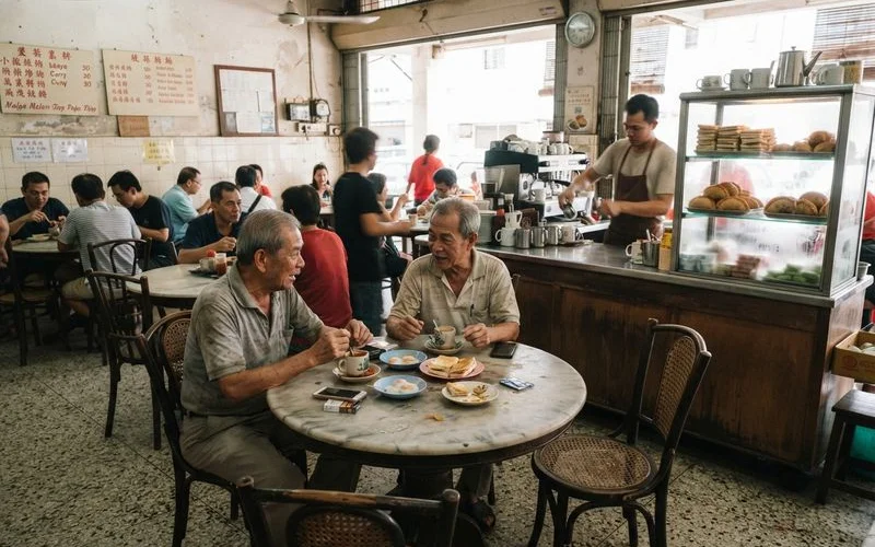 A wide shot of a traditional Ipoh kopitiam street with cafe signage, tables, and customers, used to represent the local cafe scene covered by the directory
