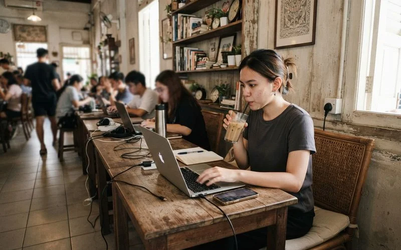 A person working on a laptop at a quiet cafe table in Ipoh with a coffee cup and notebook nearby, natural light from a window