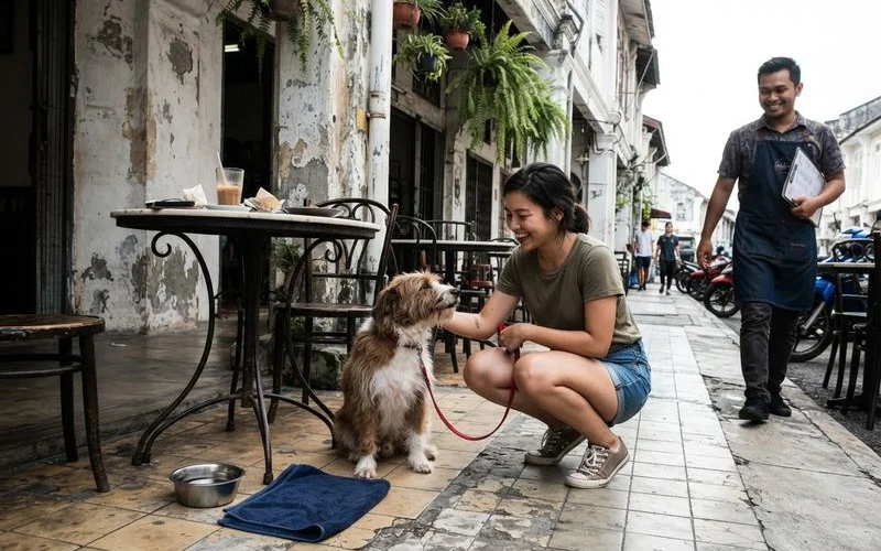 A small dog sitting calmly on a mat beside a cafe table in Ipoh while its owner drinks coffee